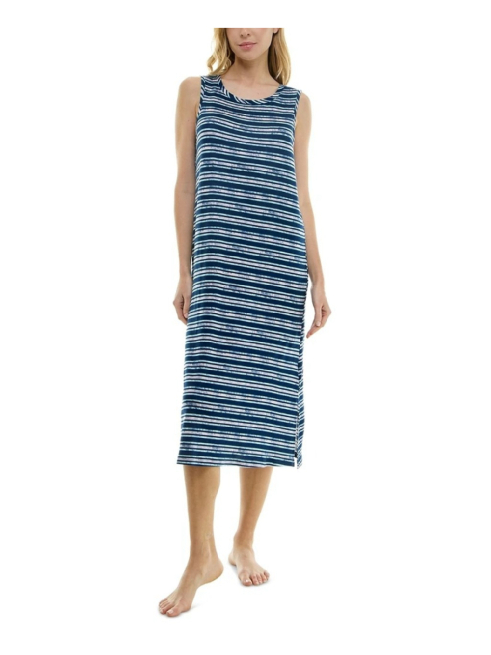 Roudelain Medium Blue Striped Soft Sleeveless Midi Nightgown / Sleep Dress NWT